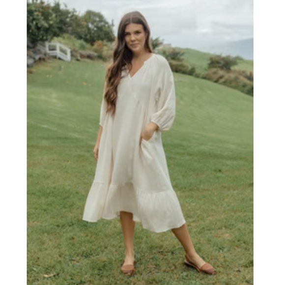 Neuflora Mayfield 100% Cotton Cream Long Sleeve Women's Dress with Pockets - Picture 2 of 15